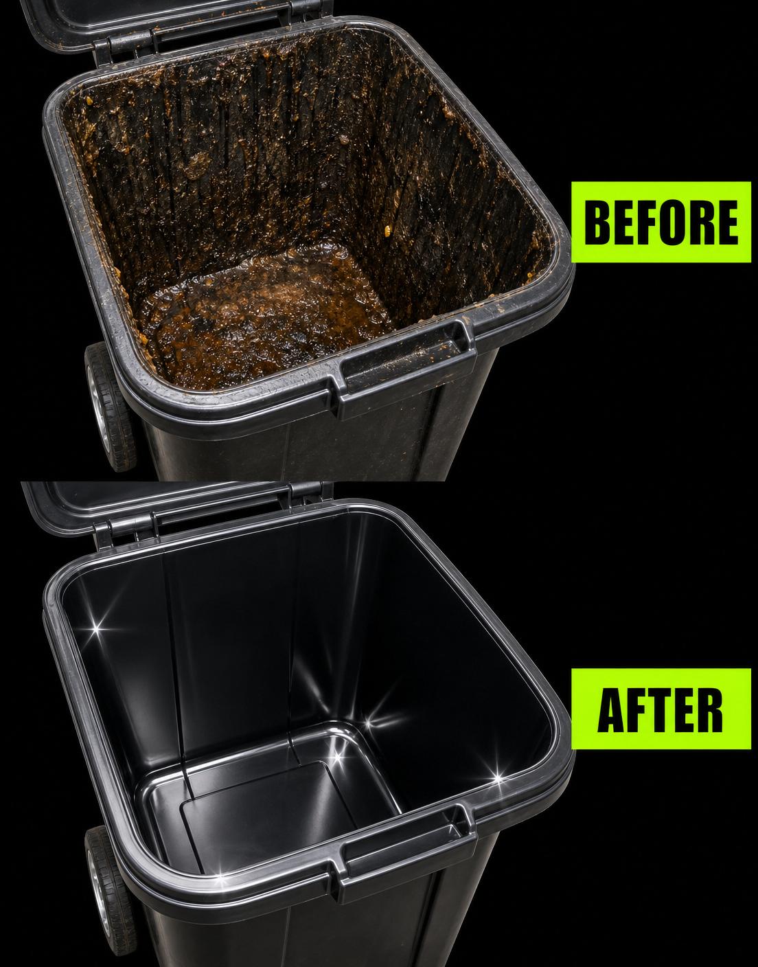 Before and after — a filthy garbage can cleaned by Bin Boss